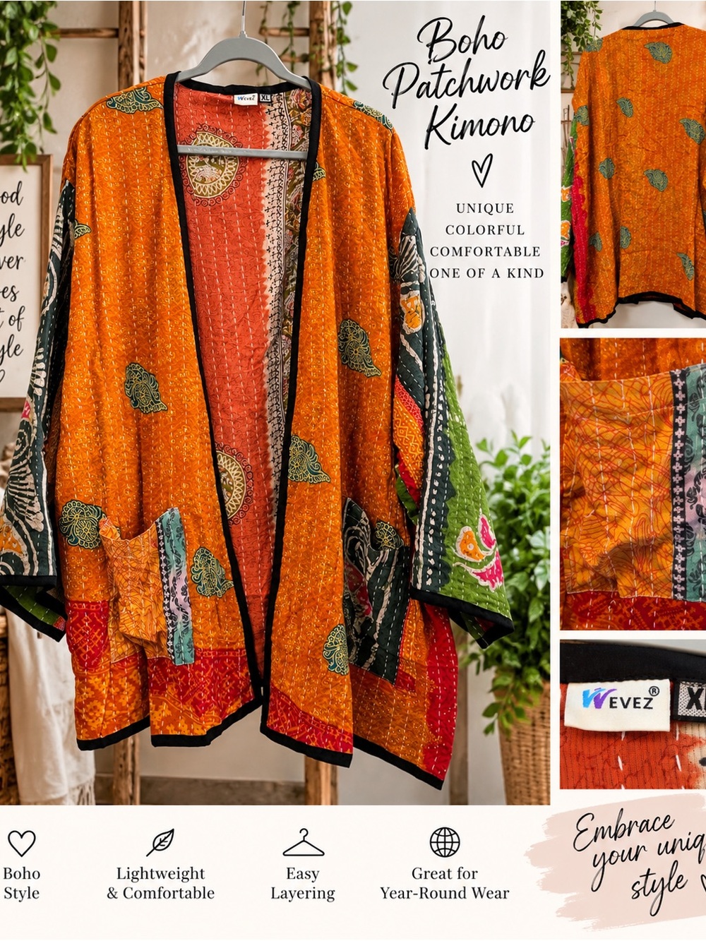 VEVEZ Women’s XL Boho Patchwork Kantha Kimono Jacket Orange Multicolor